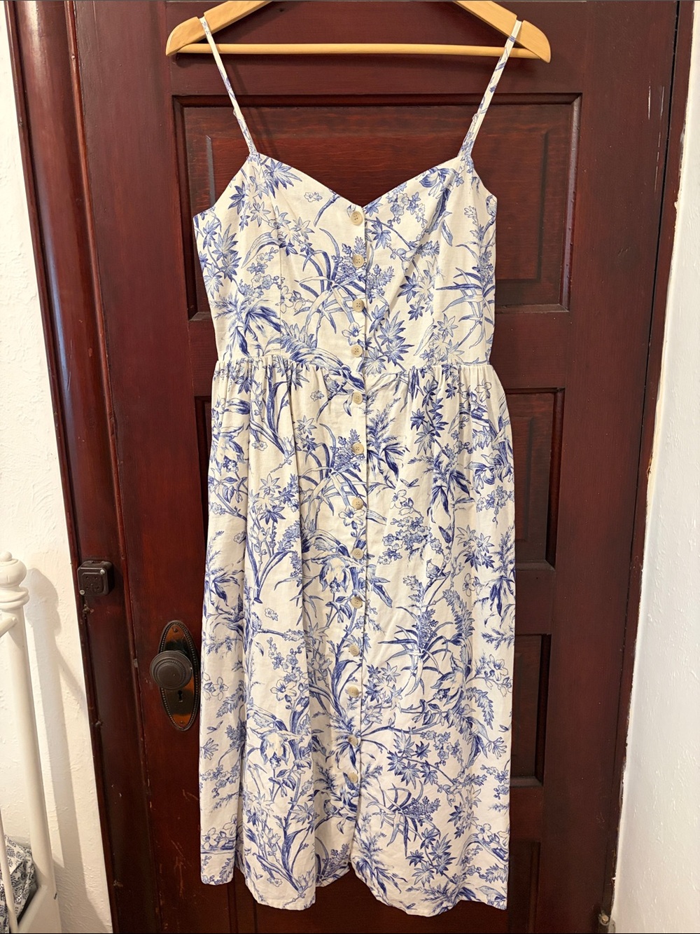 H&M Cream Midi Dress with Blue Floral Print